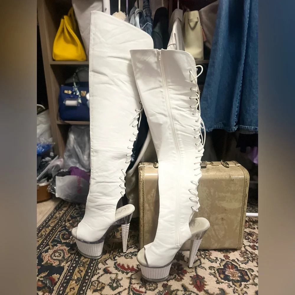 Pleaser White Lace-Up Thigh-High Platform Boots